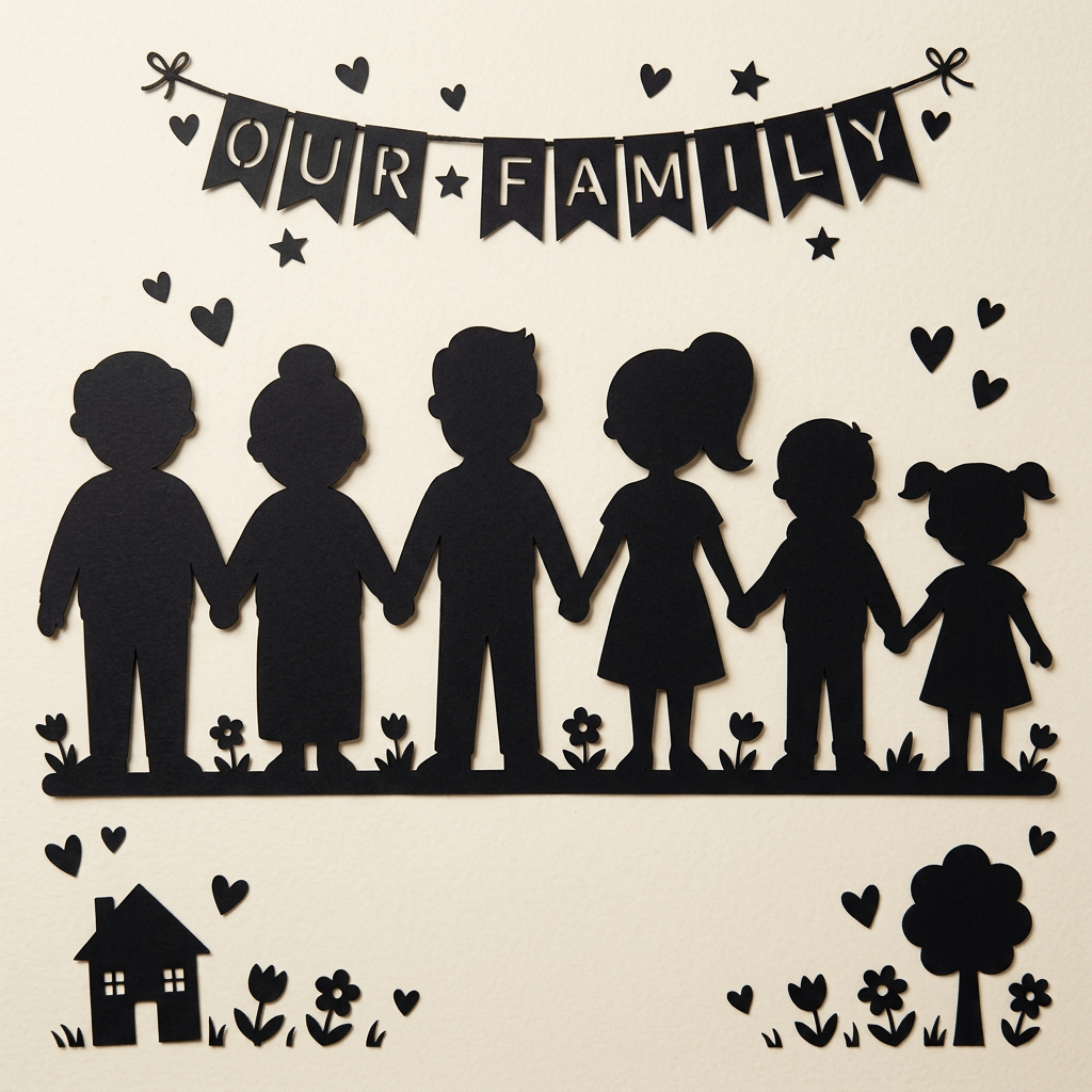 Black paper cutouts of a family holding hands, with a house, tree, flowers, and hearts on a light background